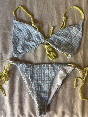 l*space Blue Plaid Triangle Bikini with Yellow Ties